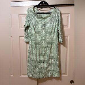 J McLaughlin Women’s Large Green Geometric Print BoatNeck Dress 3/4 Sleeves